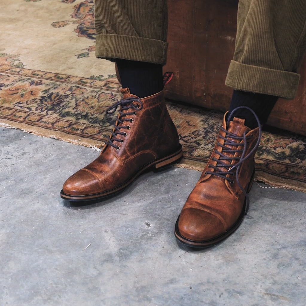 LANX  Tasker Coach, men's, derby cap toe boots made in England using brown Charles F. Stead oil pullup leather.